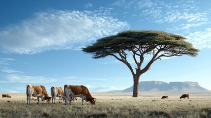 Obraz premium Cattle Grazing under Acacia Tree