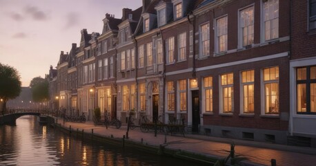 Classic Dutch canal house facade illuminated by soft evening glow, canal facade, soft illumination
