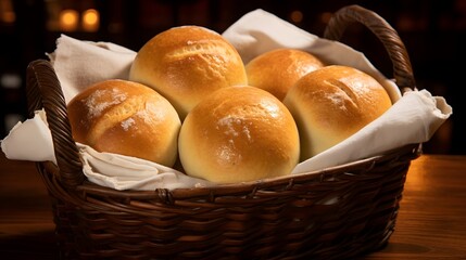 A wicker basket filled with freshly baked golden brown bread rolls their crunchy crusts giving way to soft pillowy interiors  Alongside a small dish of creamy