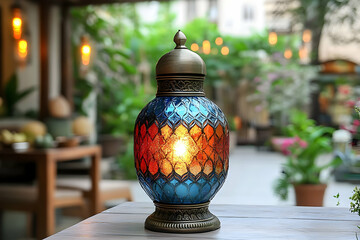 Illuminated mosaic lamp, patio, garden, night