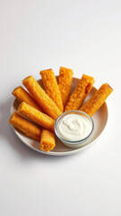 cheese sticks with a side of creamy white ranch sauce,  condiments,  lunchbox snacks