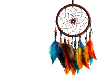 Decorative dream catcher with colorful feathers and beads hanging on a white background