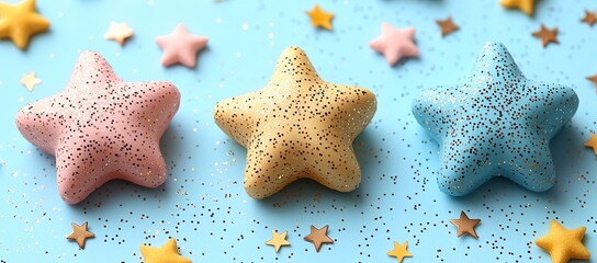 Glittery star-shaped treats on blue background. Festive food decoration