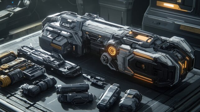 Futuristic weapon components on a metallic surface.