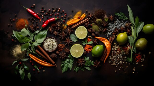 Vibrant flat lay arrangement of assorted fresh spices and herbs including rosemary thyme basil and other fragrant ingredients for creating flavorful culinary dishes and recipes