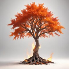 Burning tree on white background with vibrant orange and red flames , charcoal, fiery tree, flame