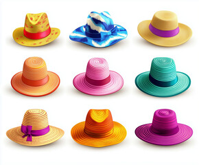 Collection set of colorful beach hats isolated on a white background