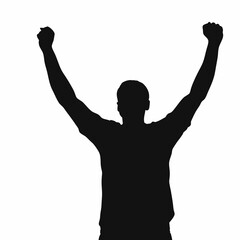 A man is standing with his arms raised in the air. He is wearing a black shirt and black shorts
