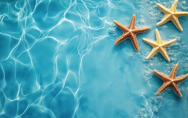 Vibrant red and yellow starfish resting on rippling clear blue water, evoking summer, tropical vibes, and marine life.

