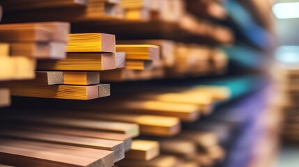 A close-up view of stacked wooden planks in a workshop, showcasing various colors and textures.