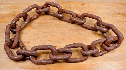 Fototapeta premium macro shot of a thick, rusted chain lying in pieces on a wooden surface, with light illuminating the sharp contrast between old oppression and new freedom. struggle for freedom. 