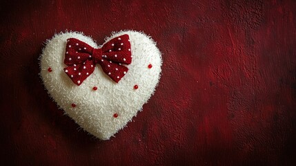 White fluffy heart with red bow on textured red background