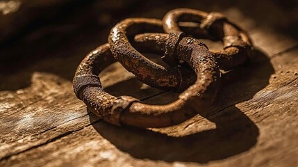 Obraz premium close-up of a series of broken metal links on a wooden surface with sunlight reflecting off the rust, symbolizing the struggle for freedom. struggle for freedom. 