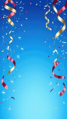 Blue celebration background with drop confetti and ribbons on ray light, festive design, party decoration, holiday theme, background, blue, template