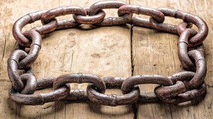 Fototapeta premium image of corroded chain fragments resting on worn wood, highlighting the theme of liberation from captivity and overcoming hardships struggle for freedom. 