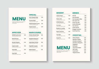 Food menu template. Restaurant and cafe menu layout design. Vector