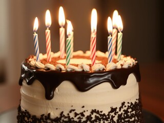 Birthday cake with multiple candles and a small pool of melted chocolate in the background, birthday cake, dessert table, edible decoration