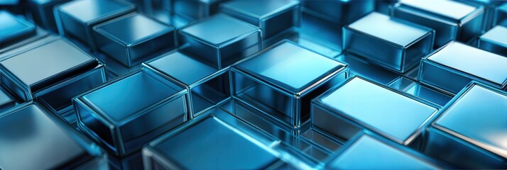 Obraz premium Iridescent crystal cubes or blocks on purple abstract geometry background, refraction effect of rays in glass. 