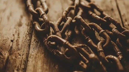 shot of dismantled chain links scattered on a wooden surface, symbolizing the journey to liberation and breaking free from oppressive forces struggle for freedom. 