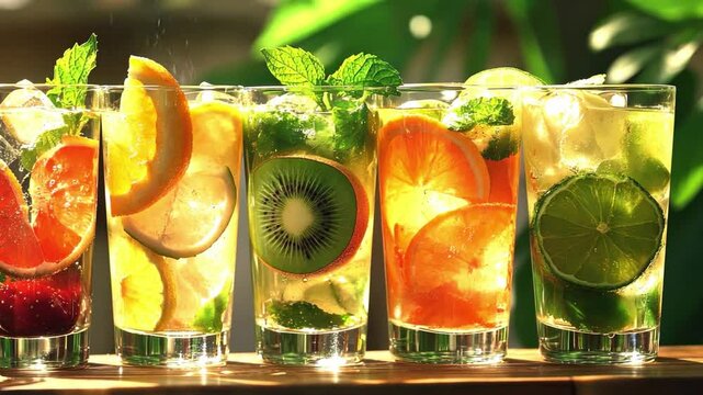 A row of glasses filled with fruit juice and ice