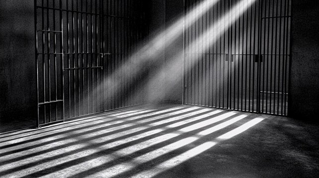 black and white image of empty prison cell bars with light streaming through, creating a sense of isolation and the struggle for liberty. struggle for freedom. 