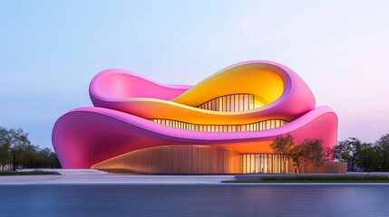 Modern architectural design of vibrant building in sunset light