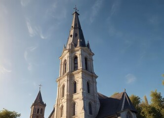 Fototapeta premium Beautiful Catholic church with a prominent cross atop its steeple, catholic, wooden beams, ornate decorations