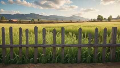 Obraz premium Barley plants growing in a field with a rustic wooden fence, green fields, landscape, farmland