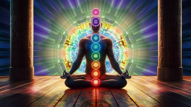 Digital animation of a meditating figure with visible chakras