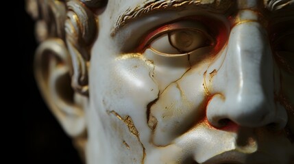 A detailed cinematic close up of the majestic and authoritative face of a Roman emperor statue showcasing the intricate textures regal features and pensive expression of this iconic historical figure
