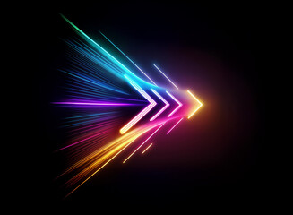 Abstract vibrant arrow design.  Multicolored neon streaks radiate from a central, glowing point, suggesting motion and speed. The arrow points towards the right.