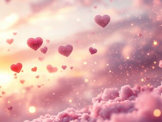 Obraz premium Romantic Valentine s Day Background Pink Hearts Clouds Bokeh