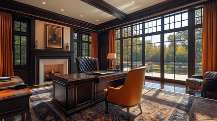 Naklejka premium Luxurious home office, autumn view, fireplace, design