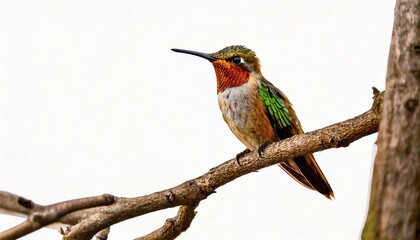 Fototapeta premium hummingbird perched on a tree, isolated white background, copy space