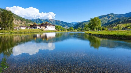 Fototapeta premium Serene Temple Reflection in Mountain River