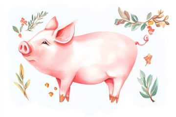 Obraz premium A charming illustration of a pink pig surrounded by delicate floral elements, conveying a whimsical and playful atmosphere.