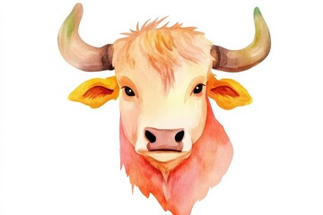 A colorful watercolor illustration of a cow's head, featuring prominent horns and a gentle expression.