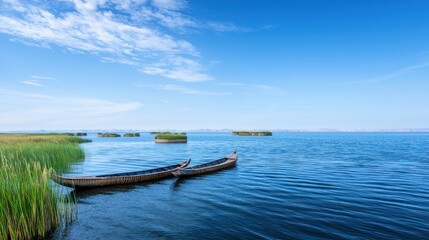 Peaceful Lake with Boats and Reeds