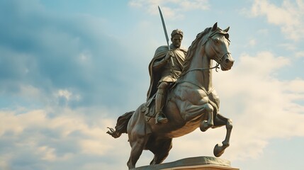 Obraz premium Towering bronze equestrian statue of a noble rider and horse standing tall and proud in the bustling heart of the city This impressive monument commands attention