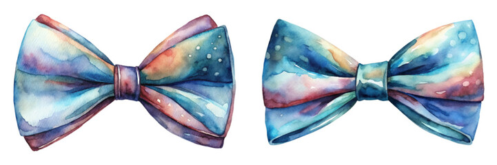Colorful watercolor bow ties, artistic design, vibrant hues, fashion accessory, stylish illustration.