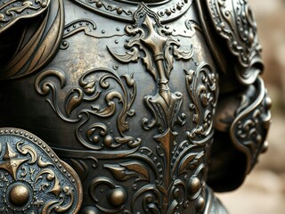 Ancient armor with intricate ironclad texture and metallic gold tinge, bronze hardware, metallic gold, rusted