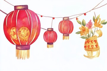 A colorful illustration of red Chinese lanterns and a floral arrangement, evoking a festive atmosphere.