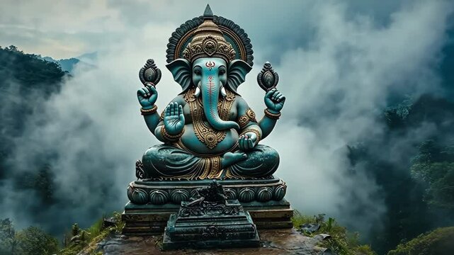 Ganesha, a symbol of serenity and spirituality, stands atop a mountain amid clouds and beautiful vegetation.