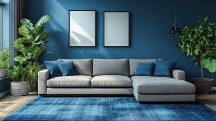Modern living room featuring a stylish gray sofa with blue cushions, surrounded by vibrant plants and natural light