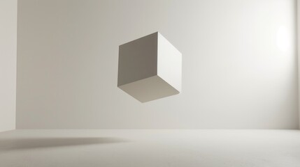 abstract 3d background, white cube floating in the air, white background, studio setting, editorial photography style.