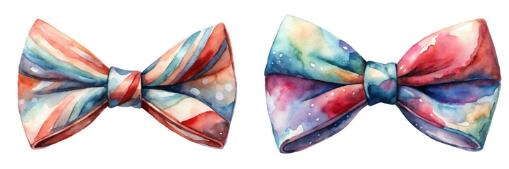 Colorful watercolor bow ties, vibrant patterns, artistic design, stylish accessories, fashion illustration, gift ideas.