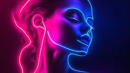 Neon Lights Outline a Womans Face and Hair