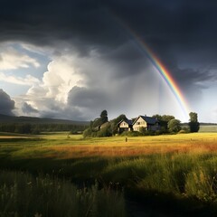Mesmerizing dual rainbows appear in the sky arching gracefully over a peaceful serene countryside landscape after a passing rainstorm  The vivid vibrant colors create a breathtaking ethereal scene