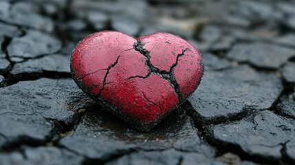 Obraz premium A Cracked Red Heart Rests On Dark Cracked Ground