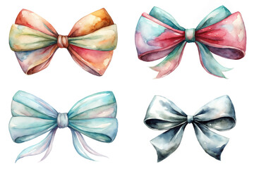 Colorful watercolor bows, artistic design, vibrant hues, decorative elements, gift wrapping, creative illustrations.